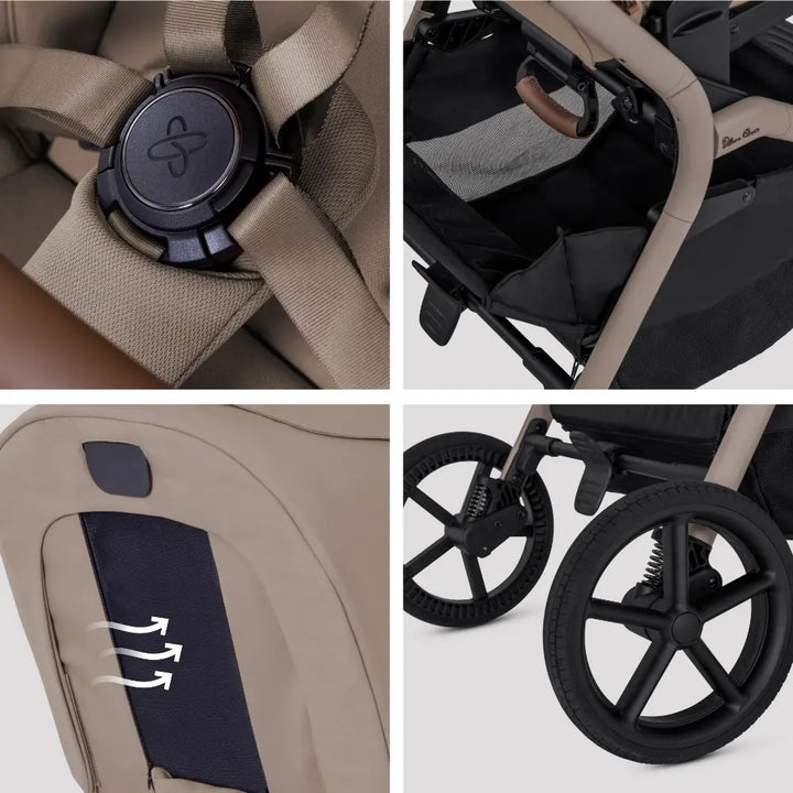 Silver Cross Breez Stroller &amp; Carry Cot Travel System Combo | Reversible Flat Recline Seat | Height Adjustable | All Terrain Suspension | One Hand Fold | Rain Cover &amp; Adaptors Included | Newborn to 4 Years | Up to 22kg - Champagne