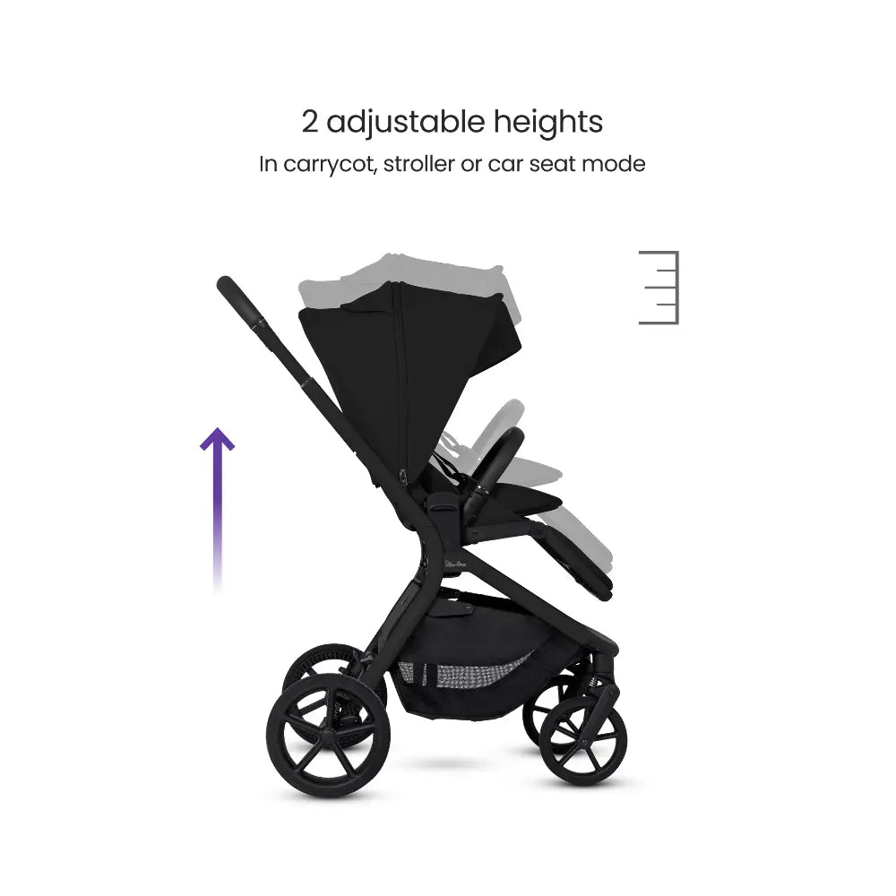Silver Cross Breez Stroller &amp; Carry Cot Travel System Combo | Reversible Flat Recline Seat | Height Adjustable | All Terrain Suspension | One Hand Fold | Rain Cover &amp; Adaptors Included | Newborn to 4 Years | Up to 22kg - Onyx