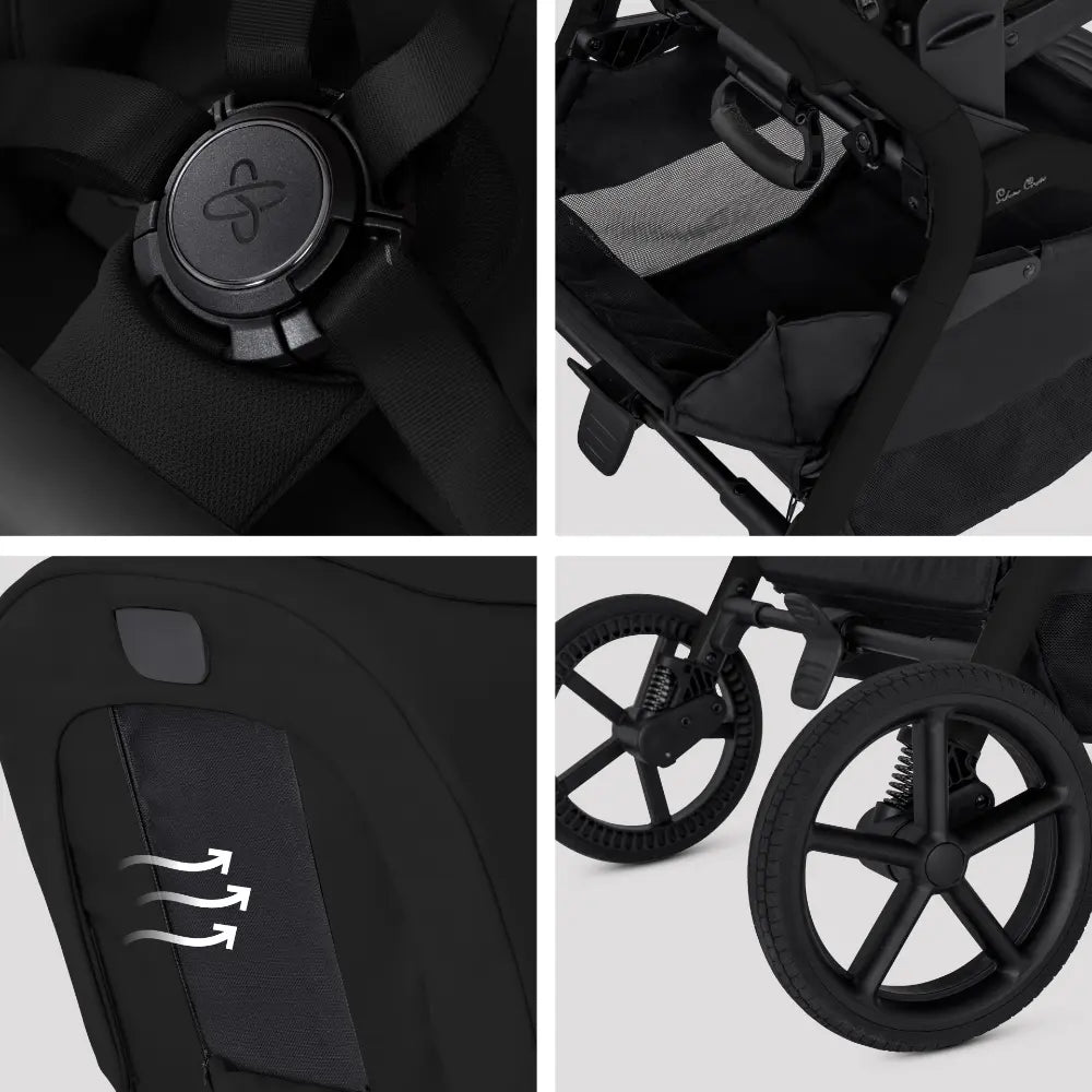 Silver Cross Breez Stroller &amp; Carry Cot Travel System Combo | Reversible Flat Recline Seat | Height Adjustable | All Terrain Suspension | One Hand Fold | Rain Cover &amp; Adaptors Included | Newborn to 4 Years | Up to 22kg - Onyx