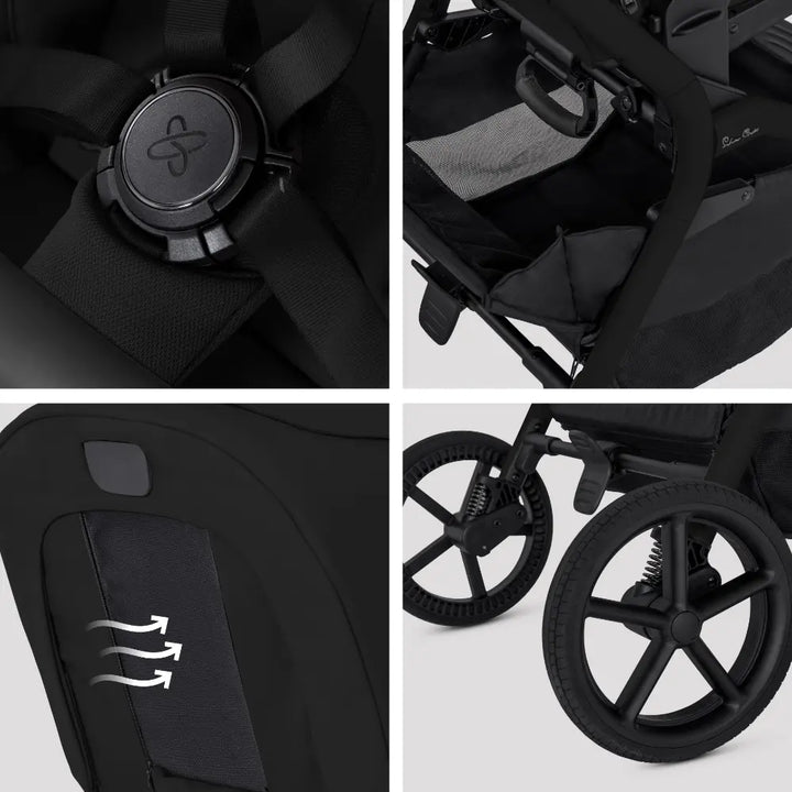 Silver Cross Breez Stroller &amp; Carry Cot Travel System Combo | Reversible Flat Recline Seat | Height Adjustable | All Terrain Suspension | One Hand Fold | Rain Cover &amp; Adaptors Included | Newborn to 4 Years | Up to 22kg - Onyx