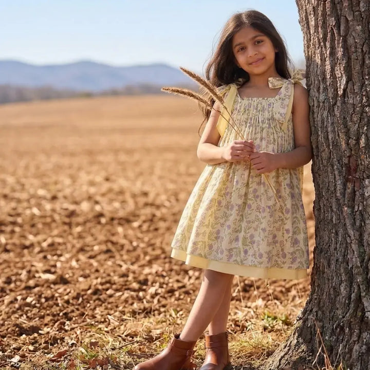 Liz Jacob Girls Yellow Kota Cotton Blockprinted Dress | Butterfly Park