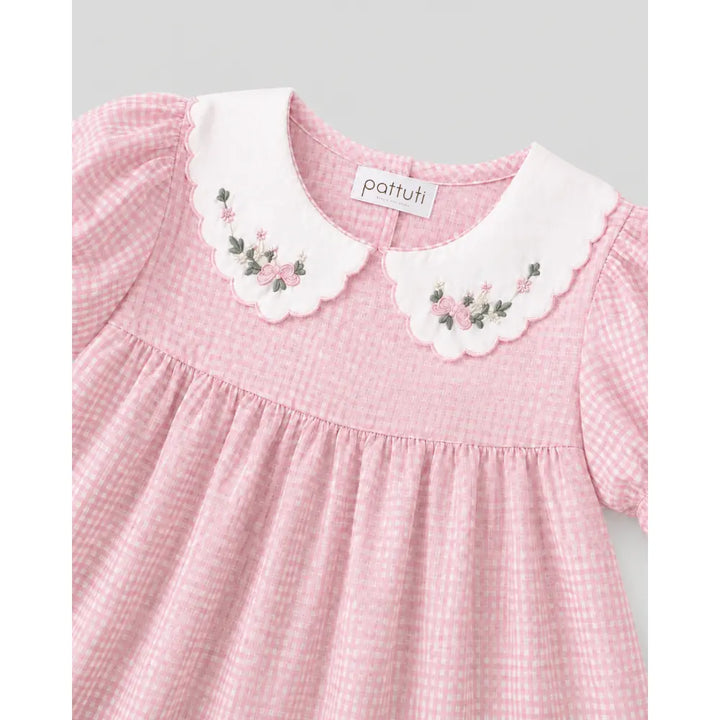 Pattuti Sustainable Wrinkled Blend Fabric Dress With Embroidered Collar And Lace Puff Sleeves