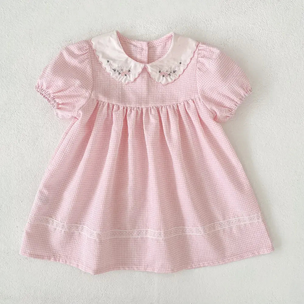 Pattuti Sustainable Wrinkled Blend Fabric Dress With Embroidered Collar And Lace Puff Sleeves