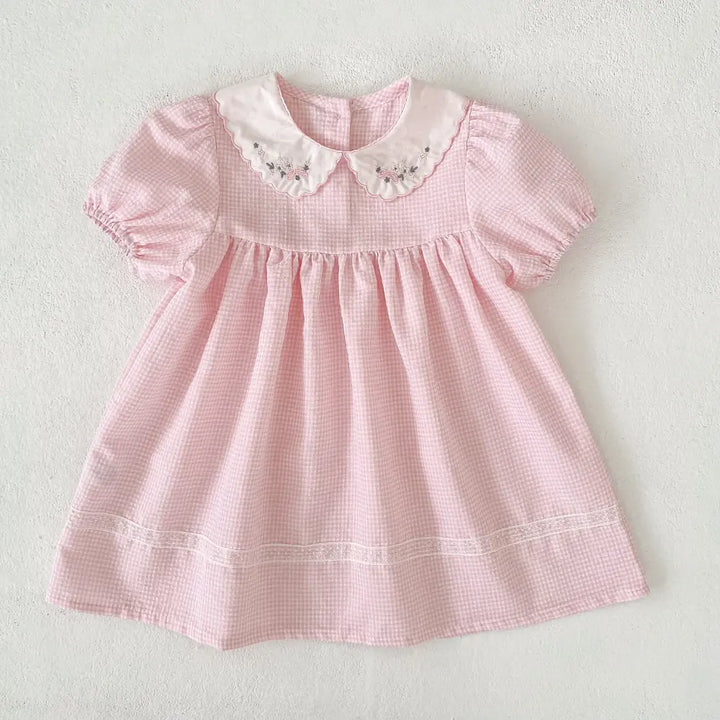 Pattuti Sustainable Wrinkled Blend Fabric Dress With Embroidered Collar And Lace Puff Sleeves