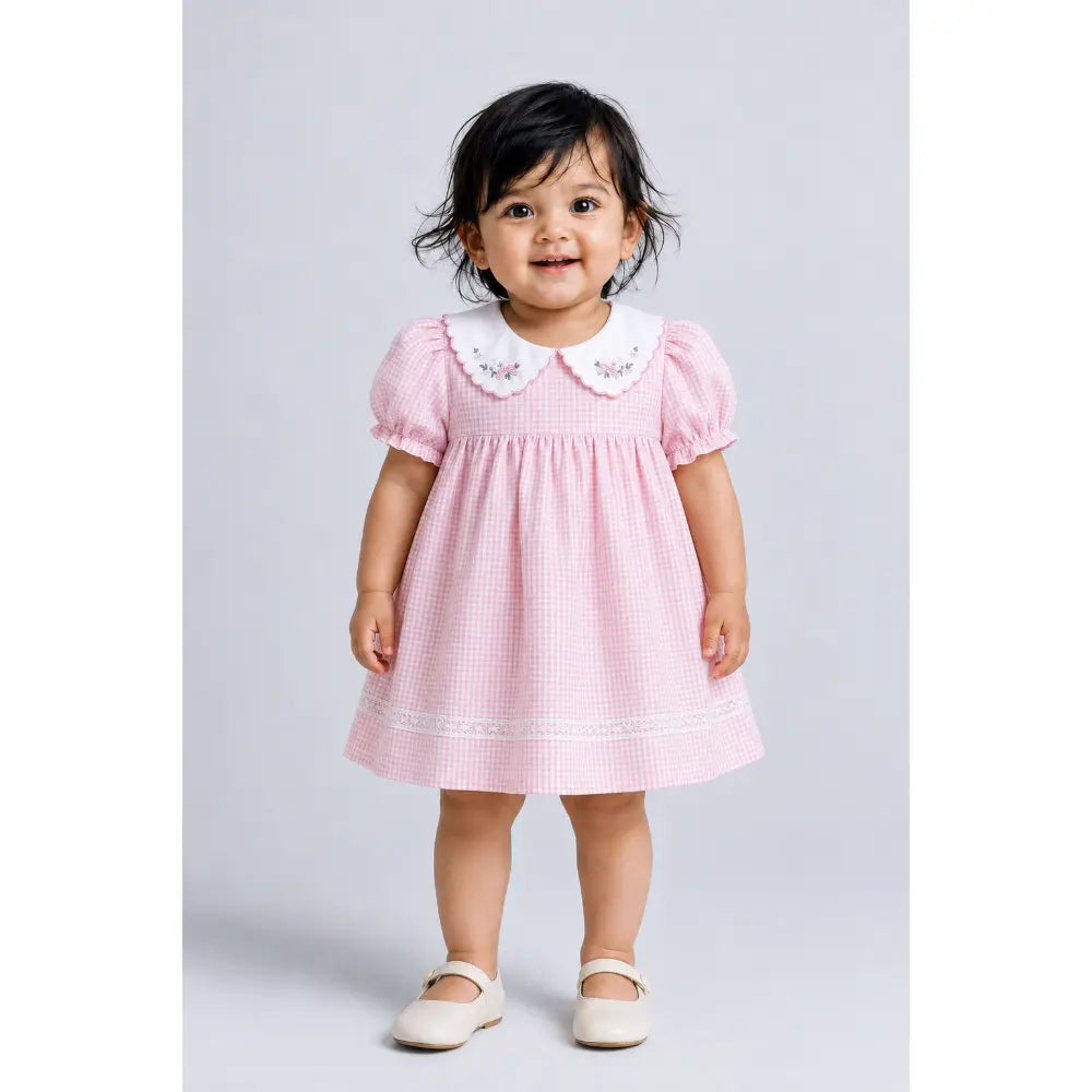 Pattuti Sustainable Wrinkled Blend Fabric Dress With Embroidered Collar And Lace Puff Sleeves