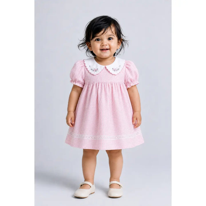 Pattuti Sustainable Wrinkled Blend Fabric Dress With Embroidered Collar And Lace Puff Sleeves