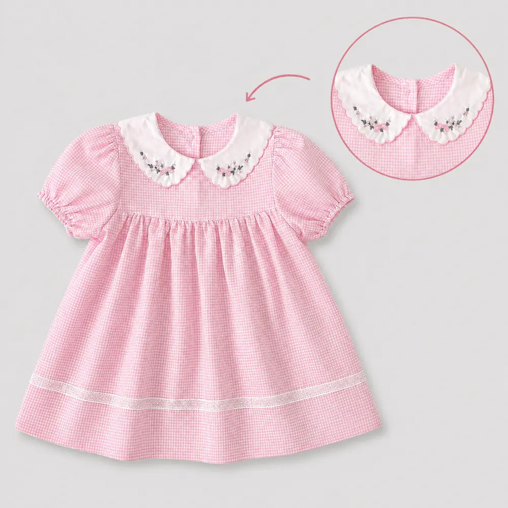 Pattuti Sustainable Wrinkled Blend Fabric Dress With Embroidered Collar And Lace Puff Sleeves