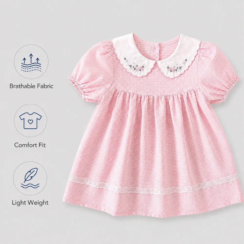 Pattuti Sustainable Wrinkled Blend Fabric Dress With Embroidered Collar And Lace Puff Sleeves