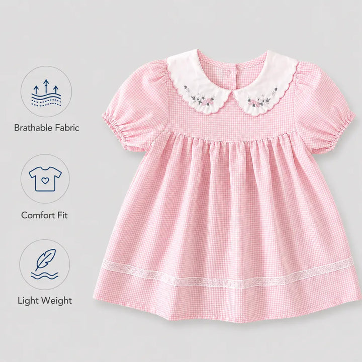 Pattuti Sustainable Wrinkled Blend Fabric Dress With Embroidered Collar And Lace Puff Sleeves