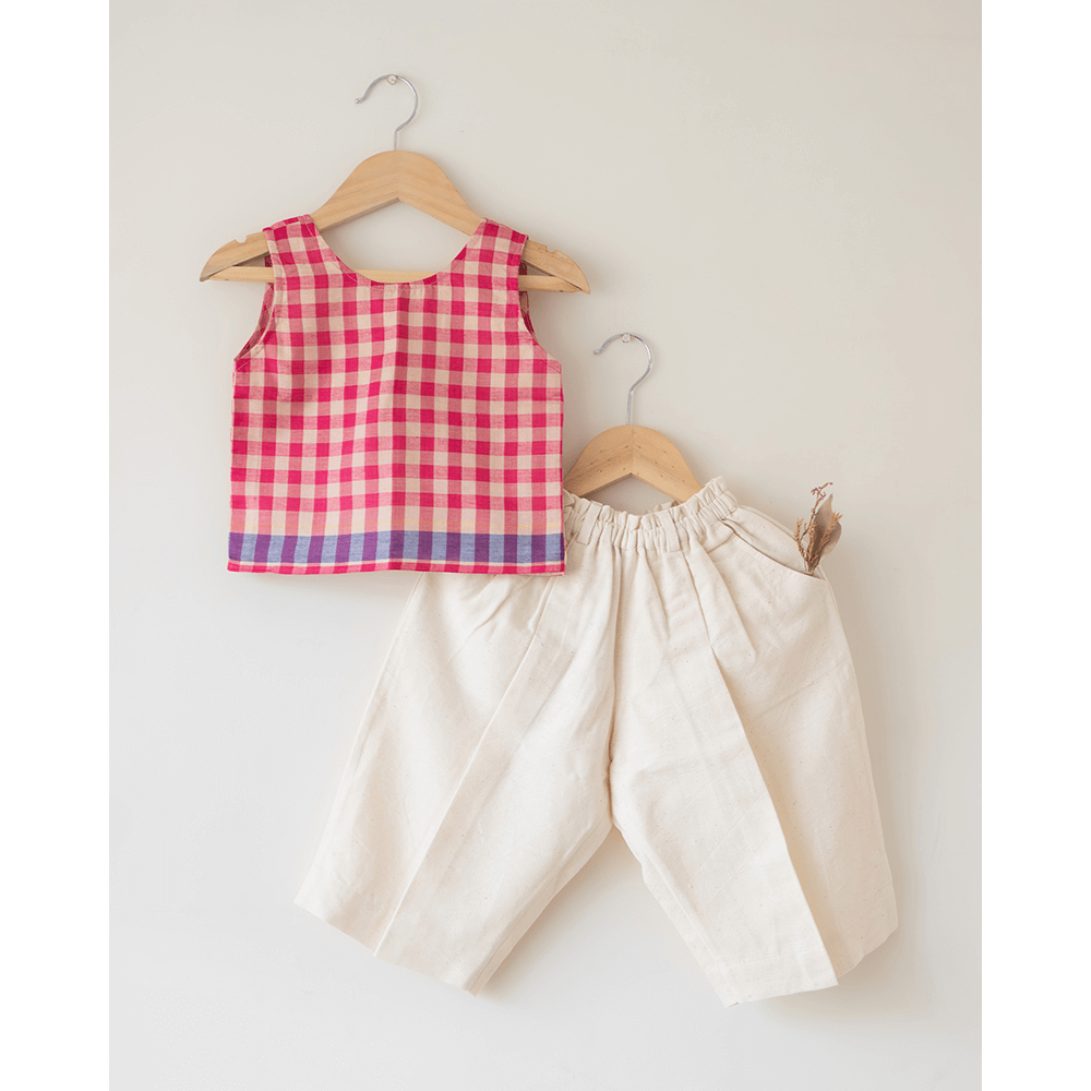 Love the World Today Candy Cloud Cotton Pink Checkered Silk Top and Beige Baggy Pant Coord Set- Girls