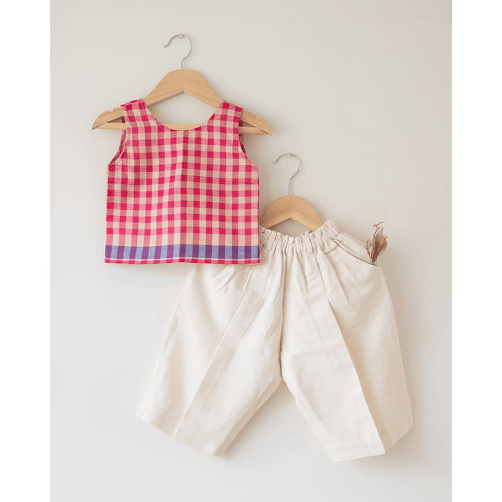 Love the World Today Candy Cloud Cotton Pink Checkered Silk Top and Beige Baggy Pant Coord Set- Girls