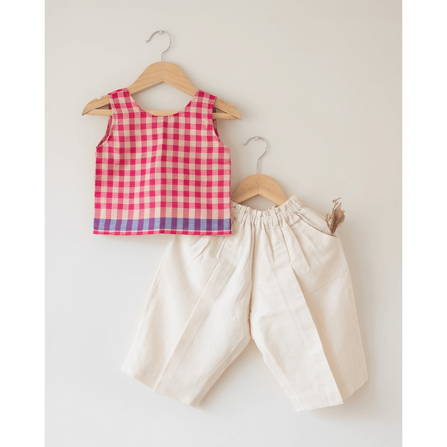 Love the World Today Candy Cloud Cotton Pink Checkered Silk Top and Beige Baggy Pant Coord Set- Girls