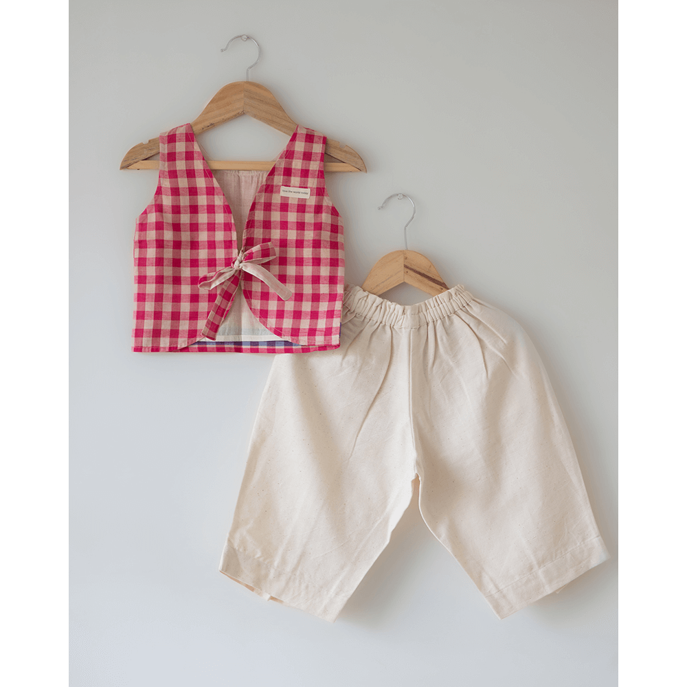 Love the World Today Candy Cloud Cotton Pink Checkered Silk Top and Beige Baggy Pant Coord Set- Girls
