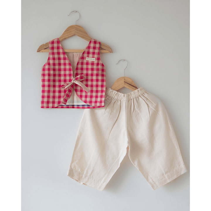 Love the World Today Candy Cloud Cotton Pink Checkered Silk Top and Beige Baggy Pant Coord Set- Girls