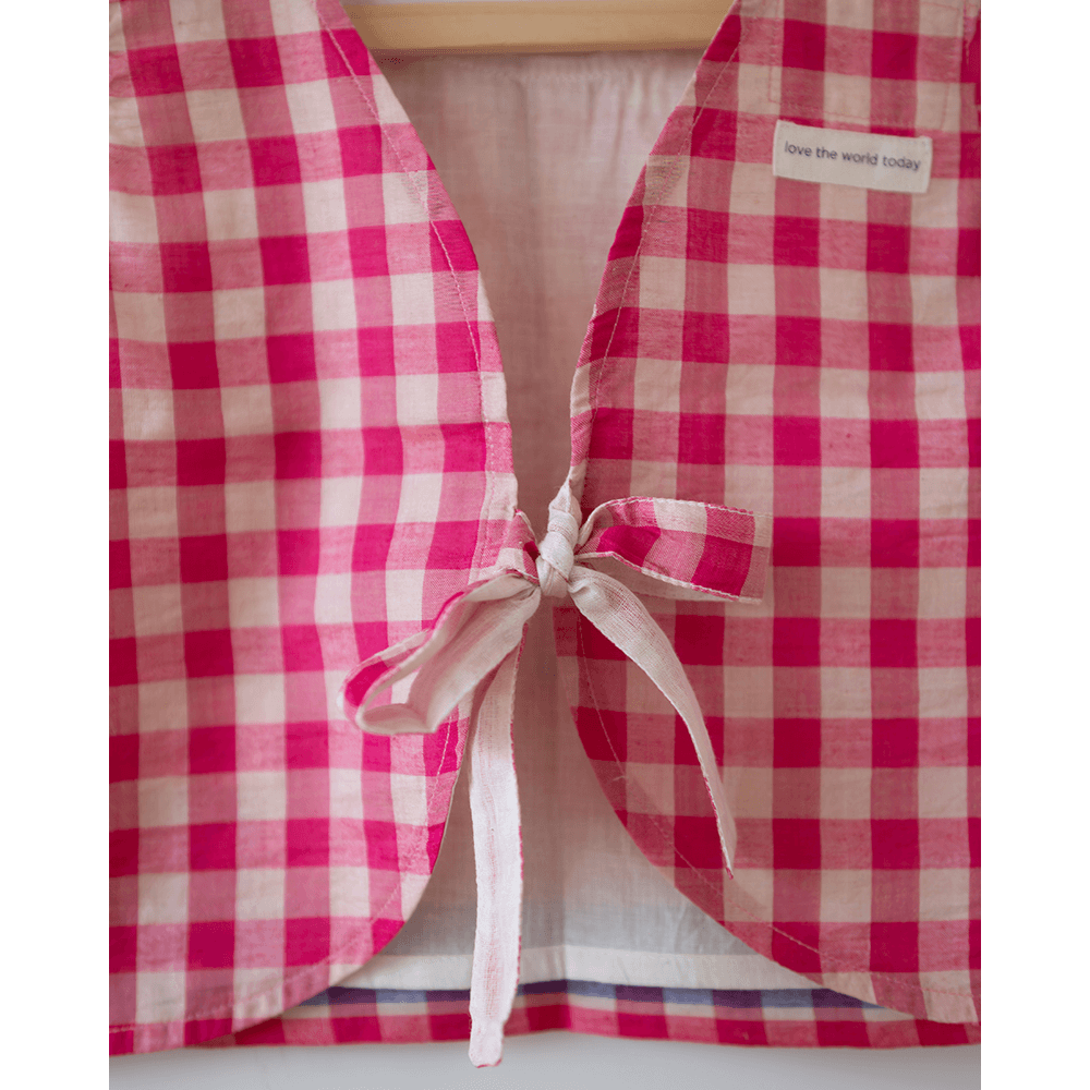 Love the World Today Candy Cloud Cotton Pink Checkered Silk Top and Beige Baggy Pant Coord Set- Girls