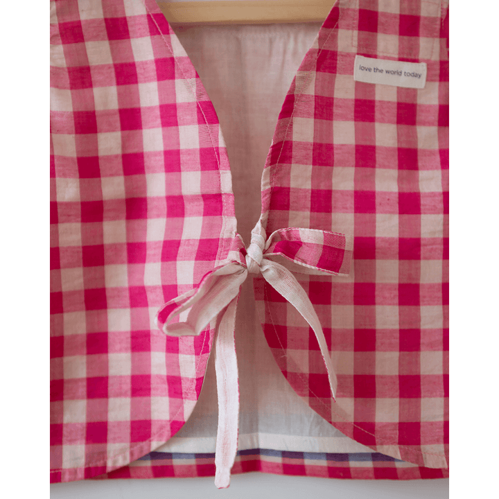 Love the World Today Candy Cloud Cotton Pink Checkered Silk Top and Beige Baggy Pant Coord Set- Girls