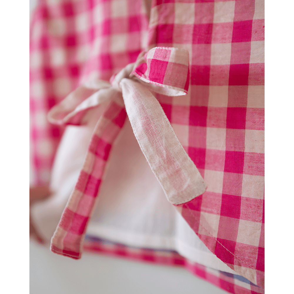 Love the World Today Candy Cloud Cotton Pink Checkered Silk Top and Beige Baggy Pant Coord Set- Girls