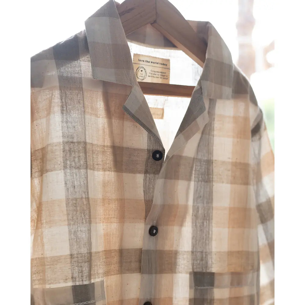Love The World Today ‘Cloud Drift’ Oversized Beige Off White Checks Shirt In Handwoven Cotton - Beige