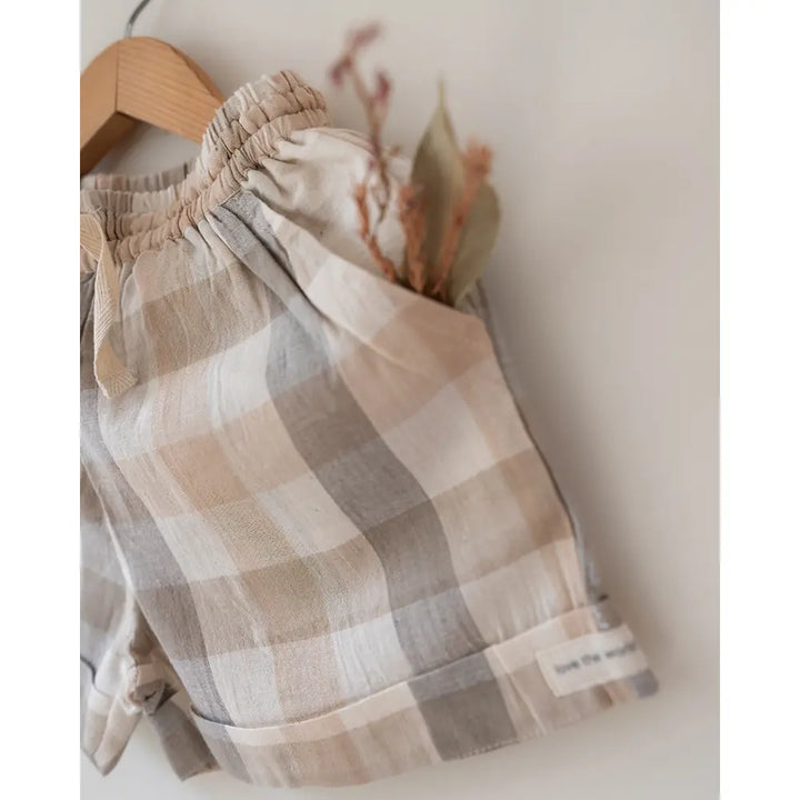 Love The World Today ‘Skygaze’ Beige Off White Checks Unisex Shorts In Handwoven Cotton - Beige