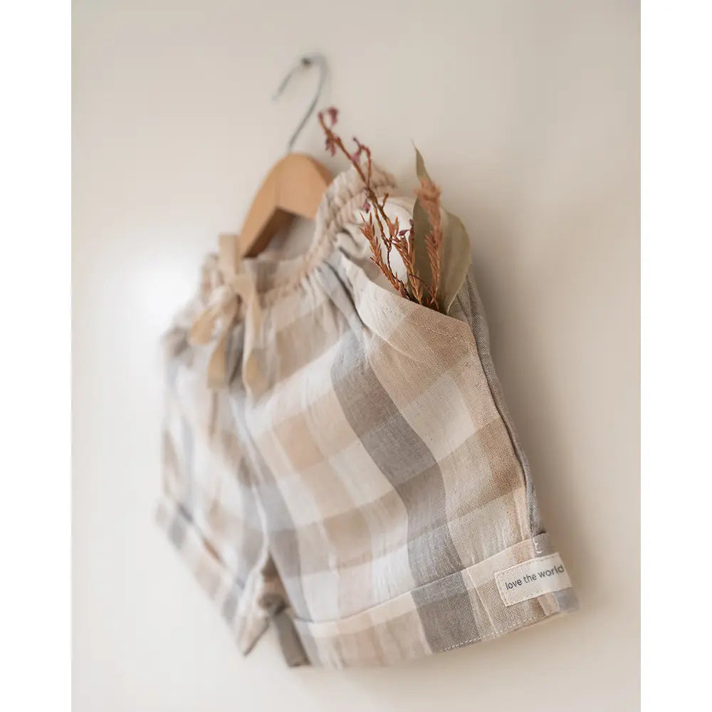Love The World Today ‘Skygaze’ Beige Off White Checks Unisex Shorts In Handwoven Cotton - Beige