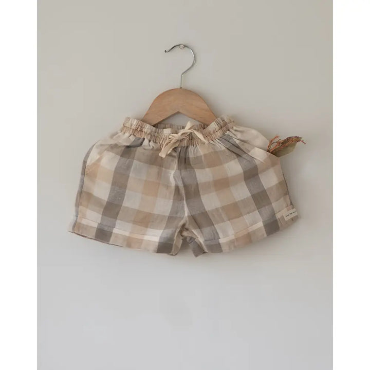 Love The World Today ‘Skygaze’ Beige Off White Checks Unisex Shorts In Handwoven Cotton - Beige