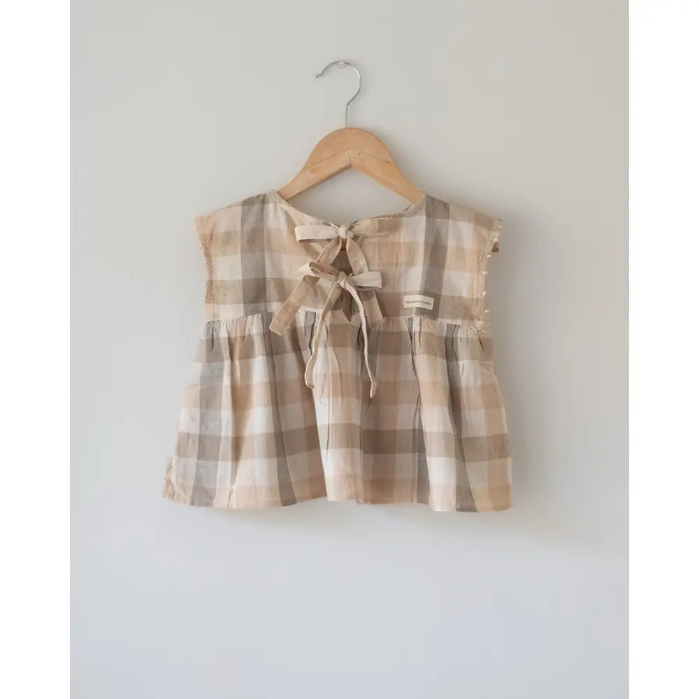 Love The World Today ‘Morning Mist’ Beige Off White Checks Handwoven Cotton Flowy Top - Beige