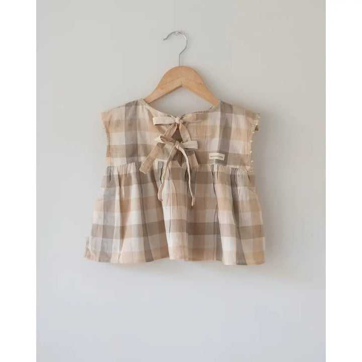 Love The World Today ‘Morning Mist’ Beige Off White Checks Handwoven Cotton Flowy Top - Beige