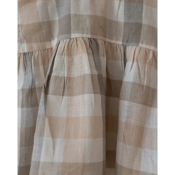 Love The World Today ‘Morning Mist’ Beige Off White Checks Handwoven Cotton Flowy Top - Beige