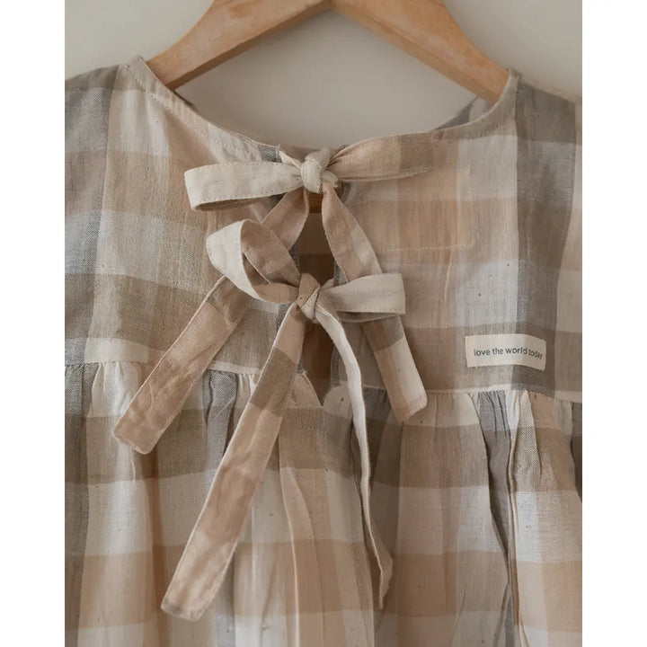 Love The World Today ‘Morning Mist’ Beige Off White Checks Handwoven Cotton Flowy Top - Beige