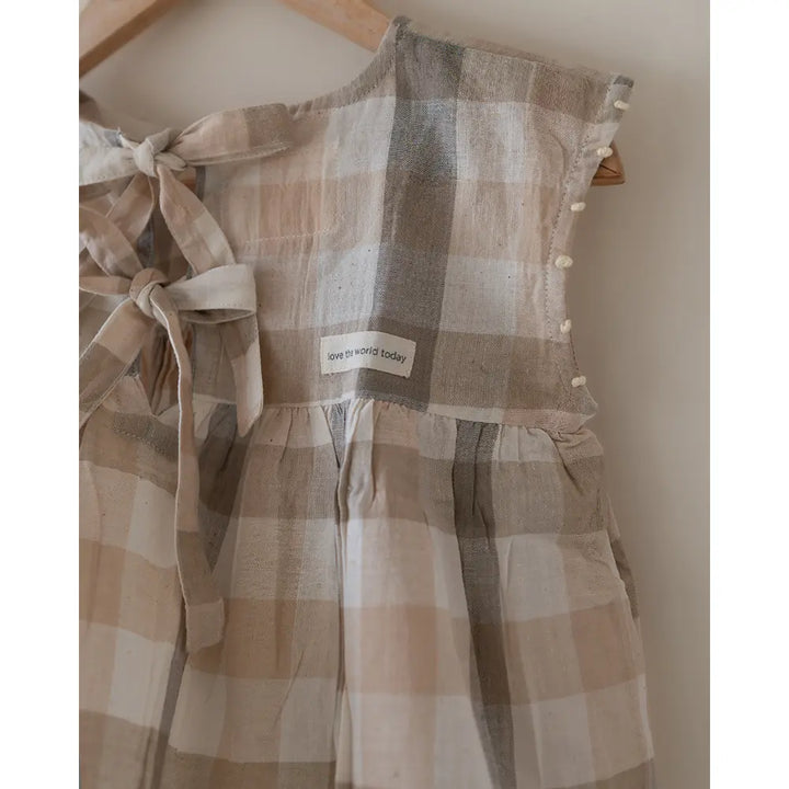 Love The World Today ‘Morning Mist’ Beige Off White Checks Handwoven Cotton Flowy Top - Beige