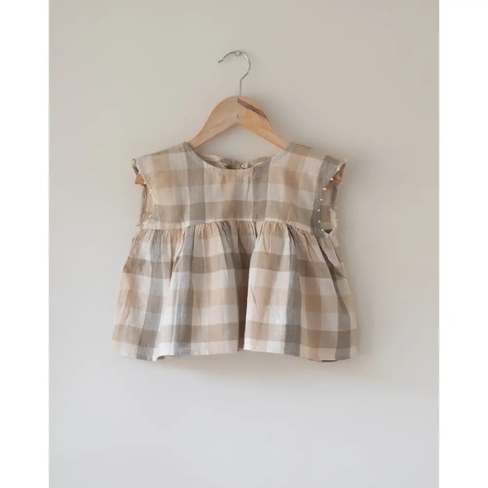 Love The World Today ‘Morning Mist’ Beige Off White Checks Handwoven Cotton Flowy Top - Beige