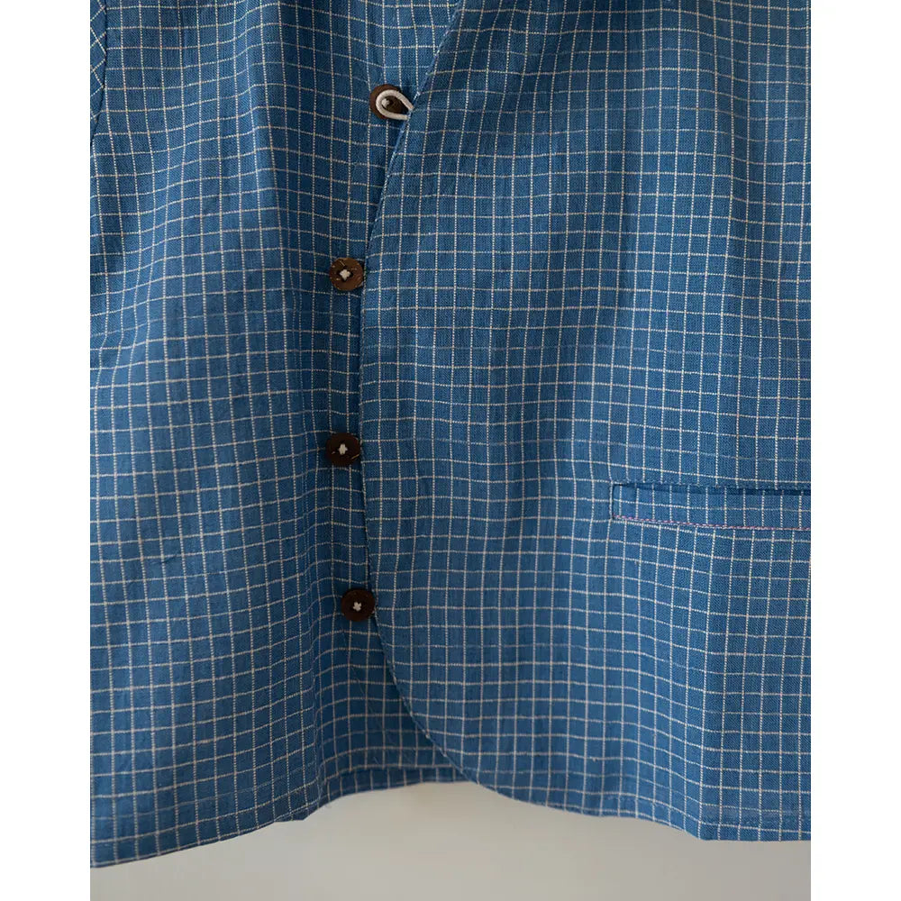 Love The World Today ‘Blue Meadow’ Curved Placket Checks Shirt In Handwoven Cotton - Blue