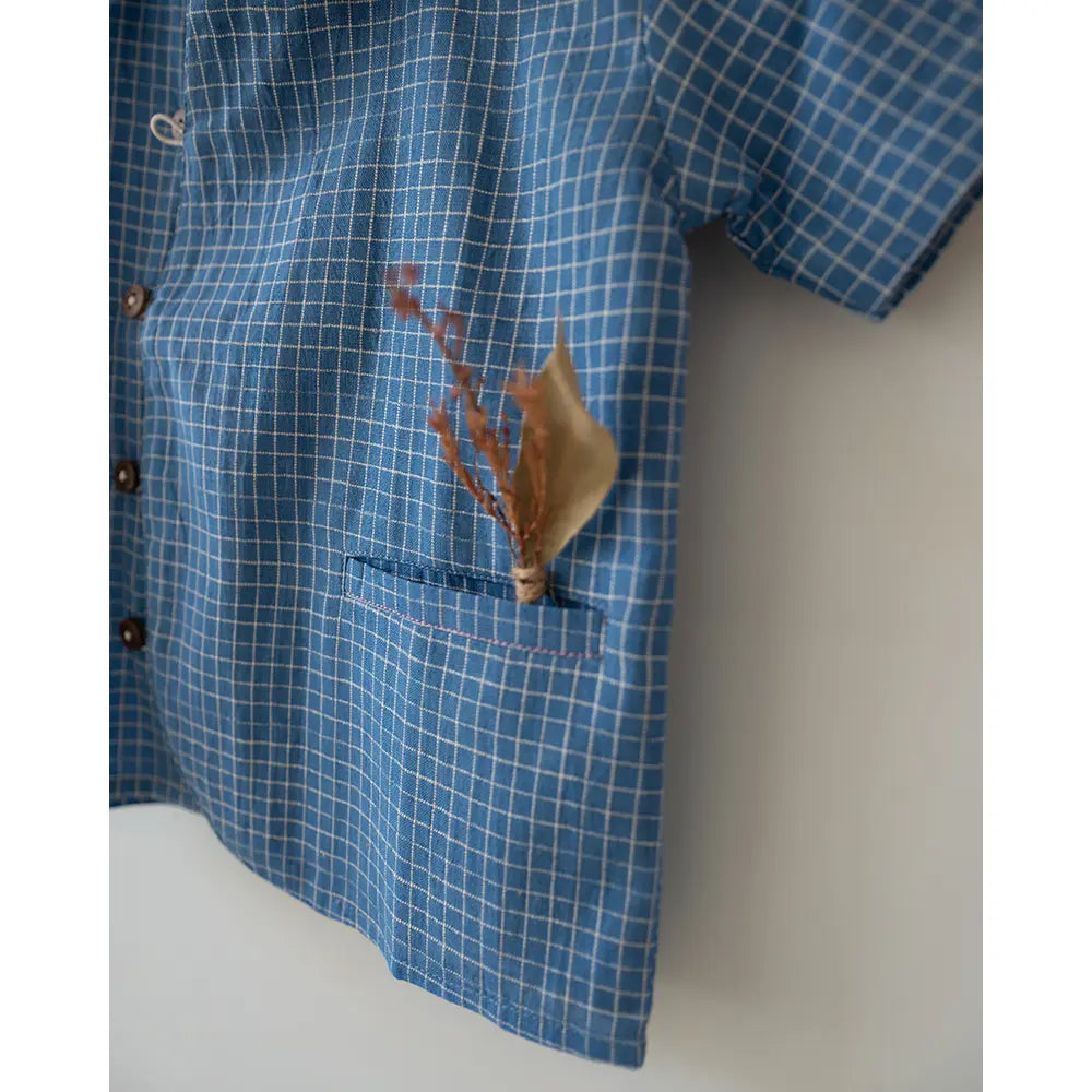 Love The World Today ‘Blue Meadow’ Curved Placket Checks Shirt In Handwoven Cotton - Blue