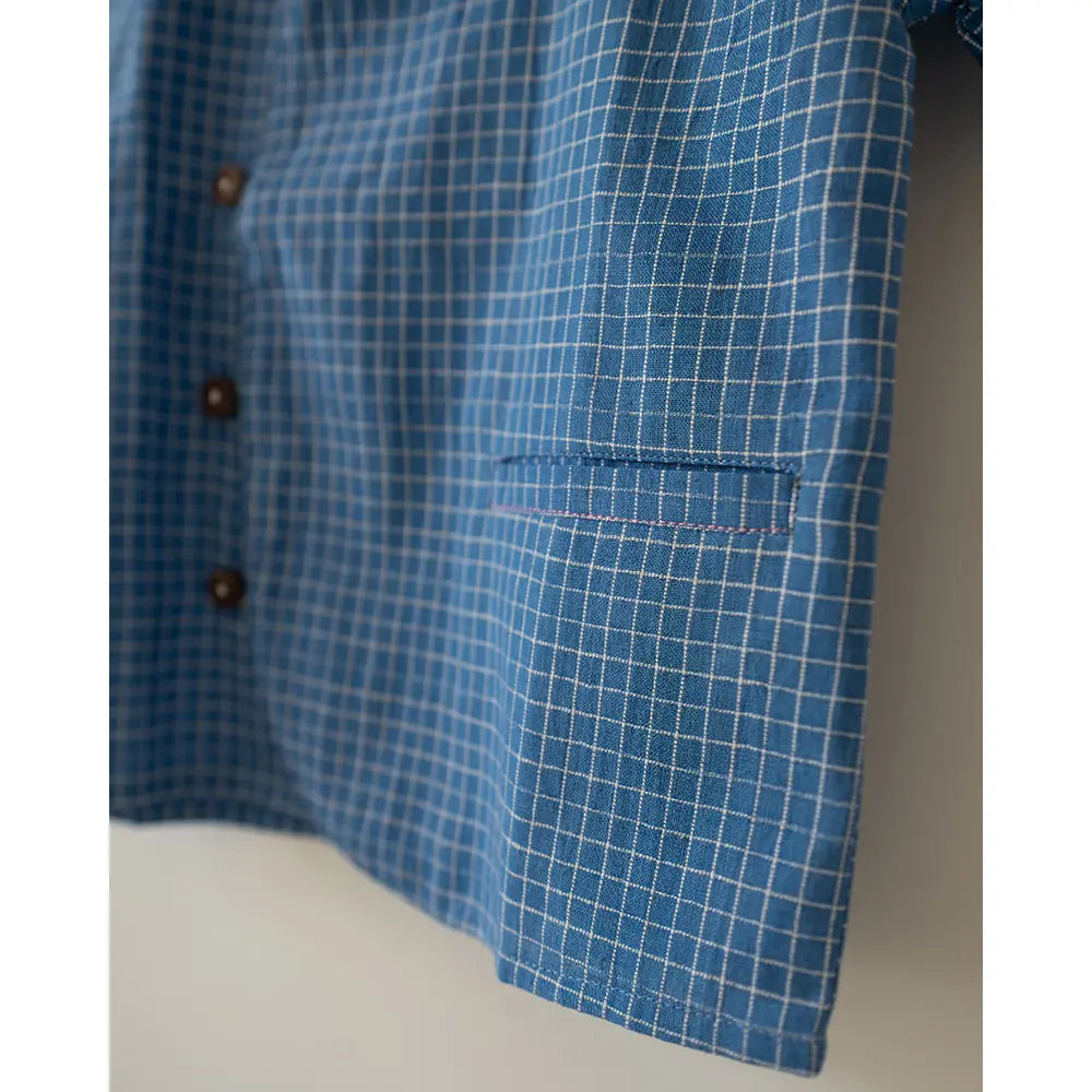 Love The World Today ‘Blue Meadow’ Curved Placket Checks Shirt In Handwoven Cotton - Blue