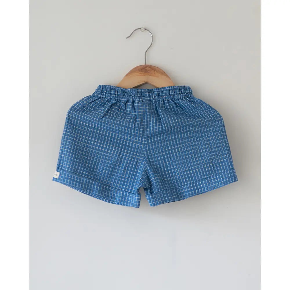 Love The World Today ‘Skygaze’ Blue Checks Handwoven Cotton Unisex Shorts - Blue