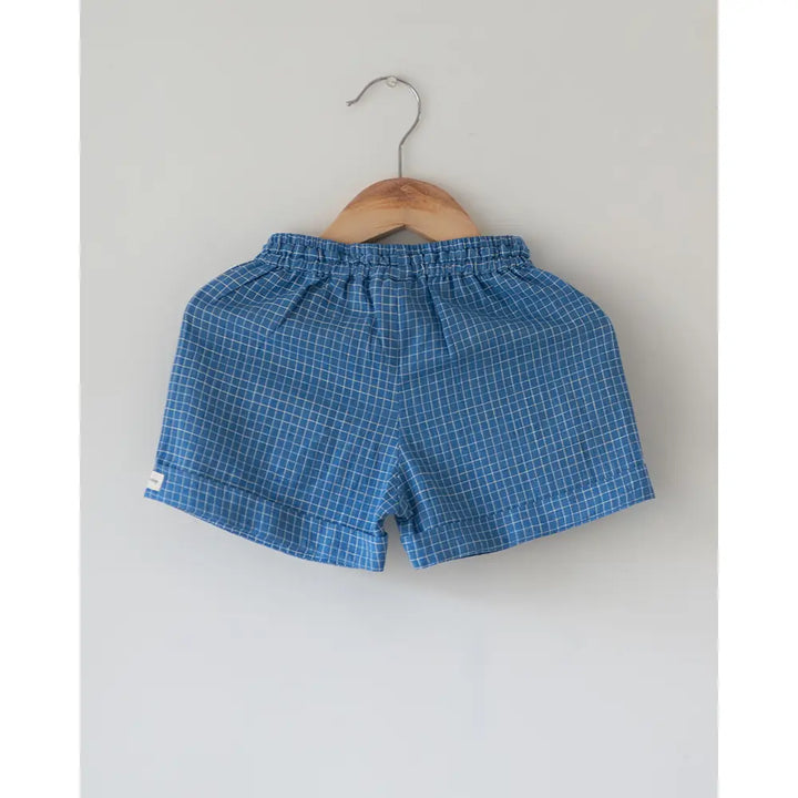Love The World Today ‘Skygaze’ Blue Checks Handwoven Cotton Unisex Shorts - Blue