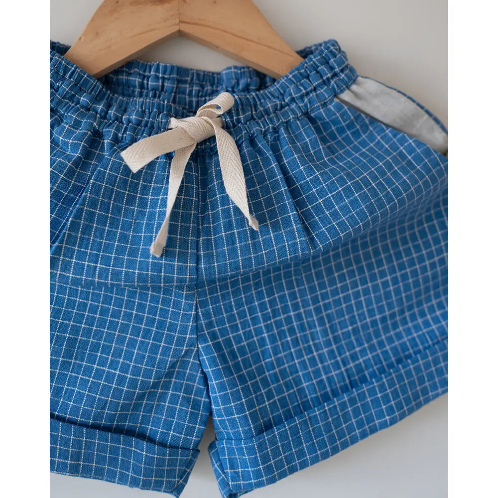 Love The World Today ‘Skygaze’ Blue Checks Handwoven Cotton Unisex Shorts - Blue