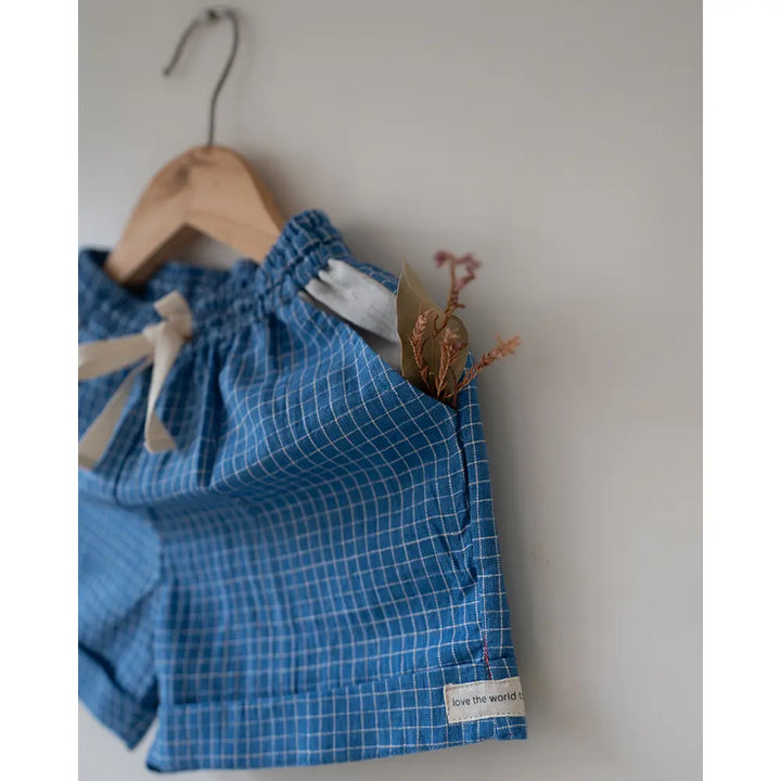 Love The World Today ‘Skygaze’ Blue Checks Handwoven Cotton Unisex Shorts - Blue
