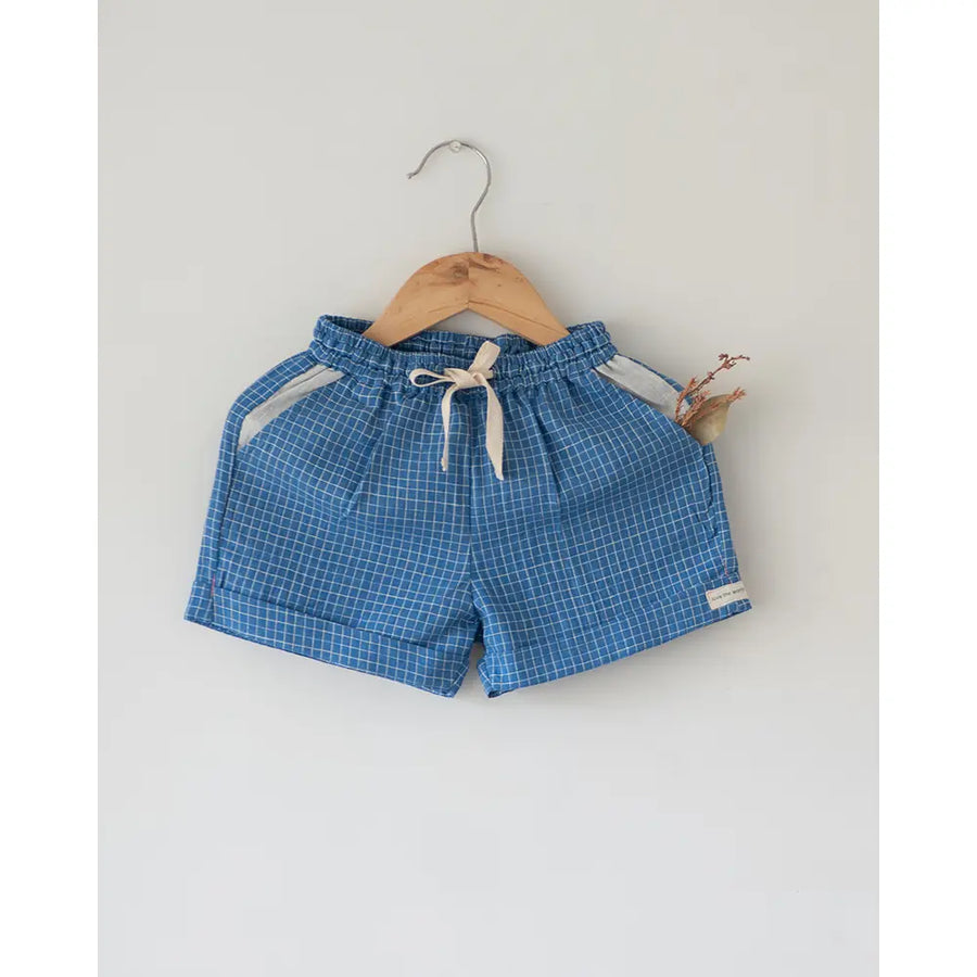 Love The World Today ‘Skygaze’ Blue Checks Handwoven Cotton Unisex Shorts - Blue