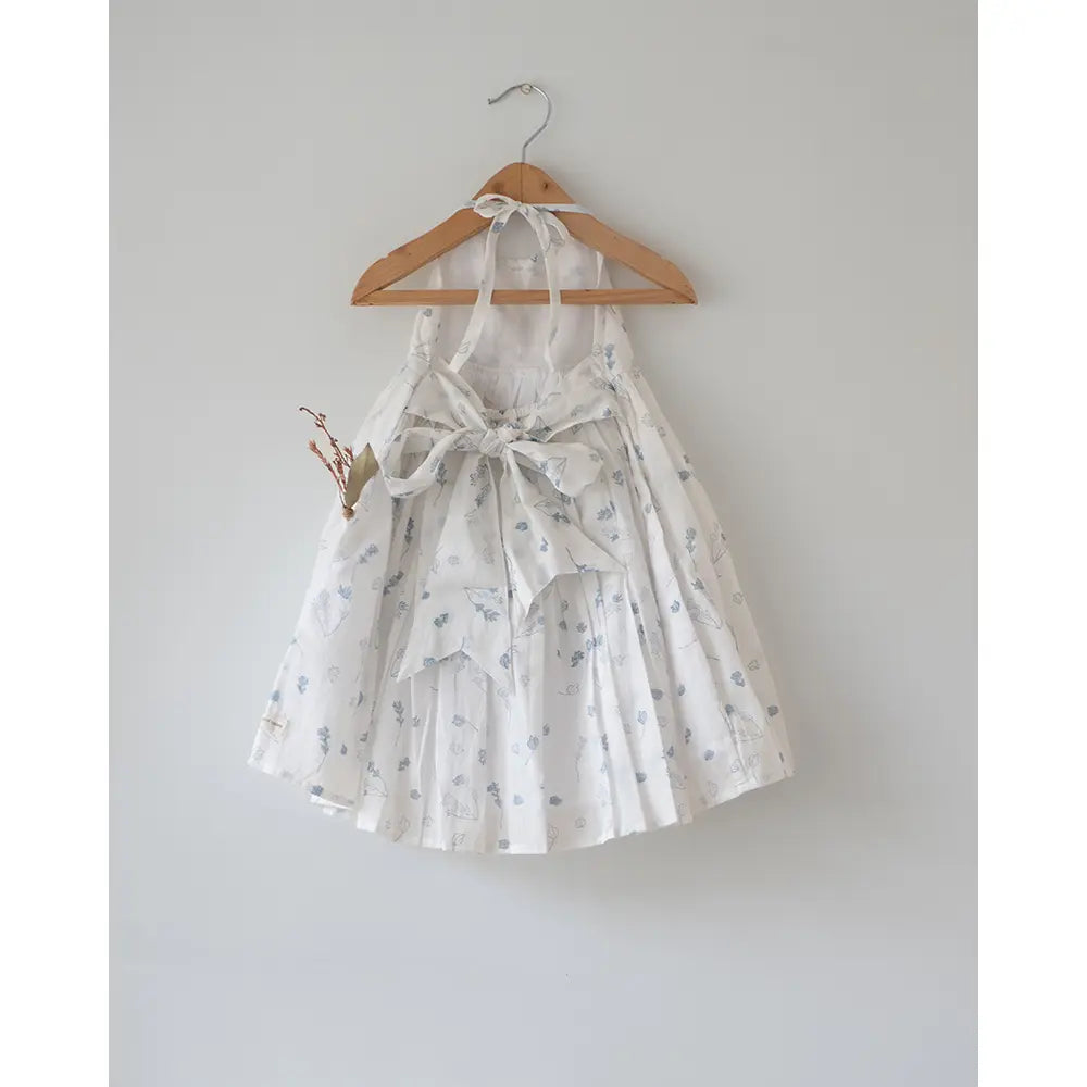 Love The World Today ‘Bloom’ White Floral Hand Block Print Halter Neck Girls Mal Dress - White