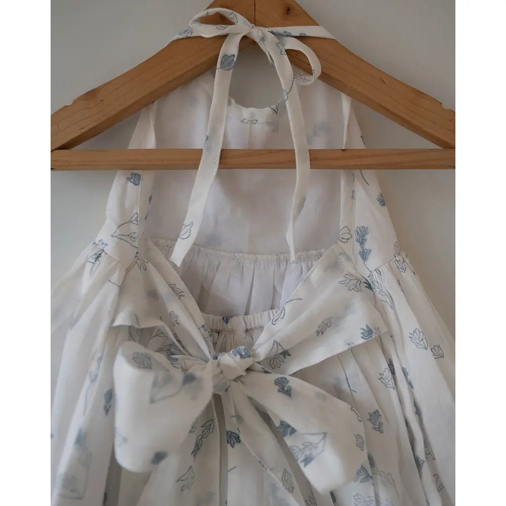 Love The World Today ‘Bloom’ White Floral Hand Block Print Halter Neck Girls Mal Dress - White