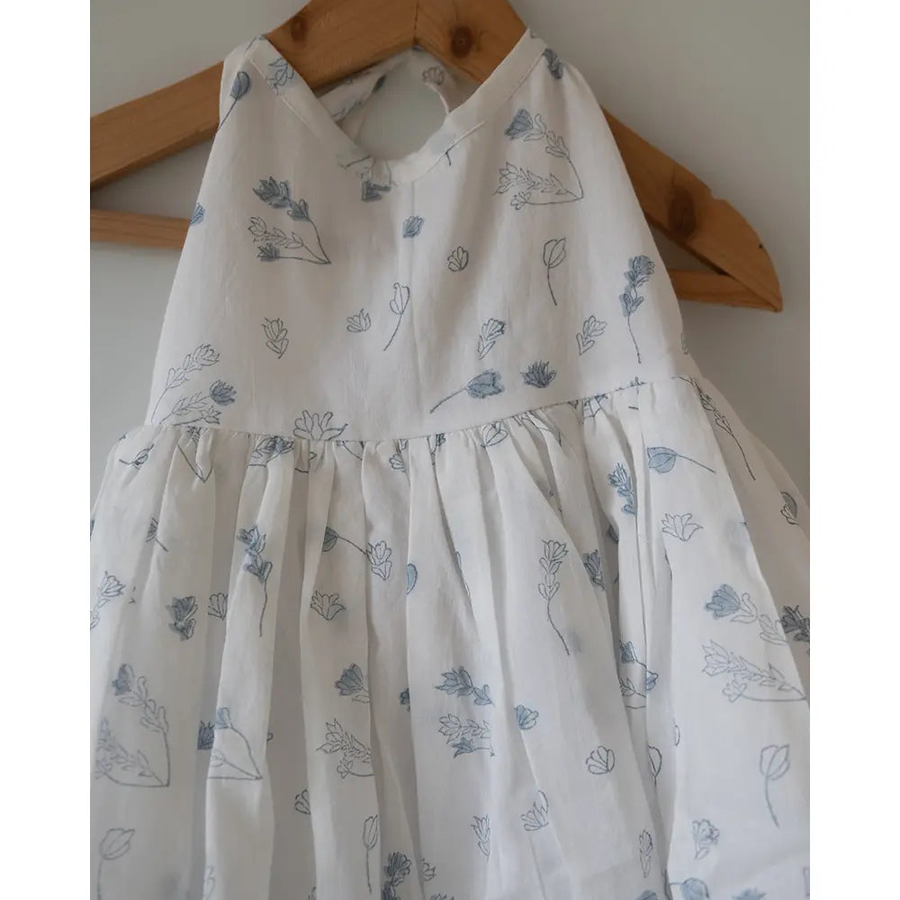 Love The World Today ‘Bloom’ White Floral Hand Block Print Halter Neck Girls Mal Dress - White