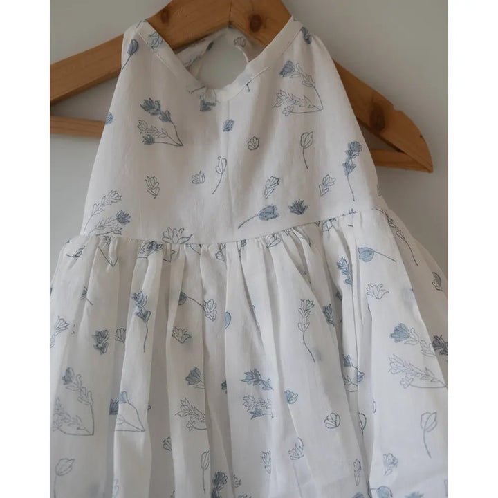 Love The World Today ‘Bloom’ White Floral Hand Block Print Halter Neck Girls Mal Dress - White