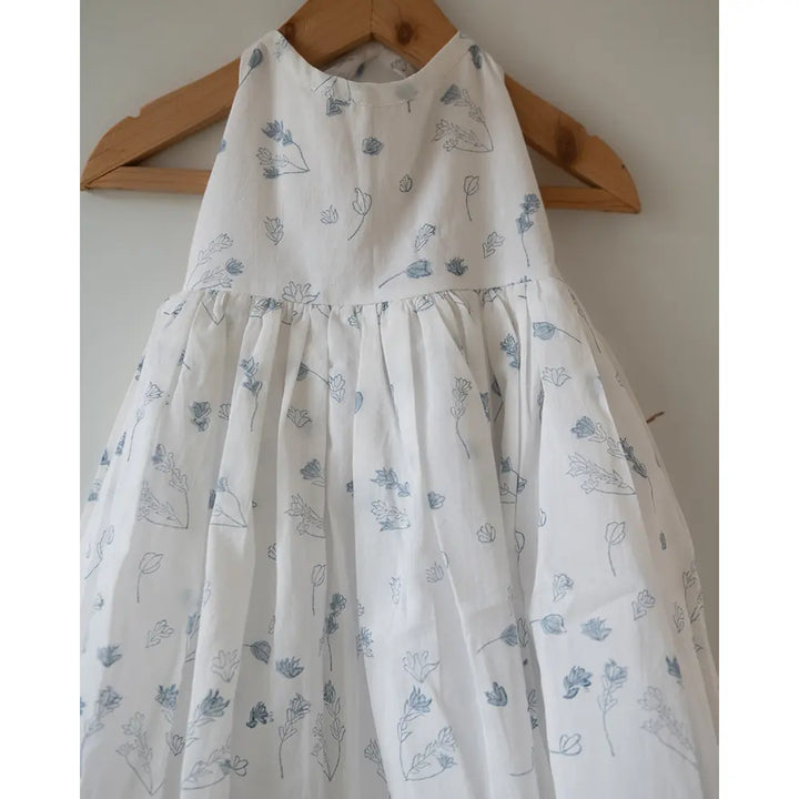 Love The World Today ‘Bloom’ White Floral Hand Block Print Halter Neck Girls Mal Dress - White