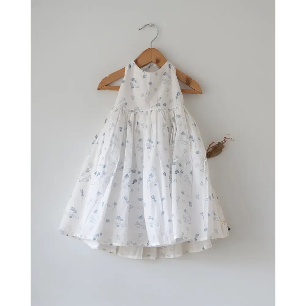Love The World Today ‘Bloom’ White Floral Hand Block Print Halter Neck Girls Mal Dress - White