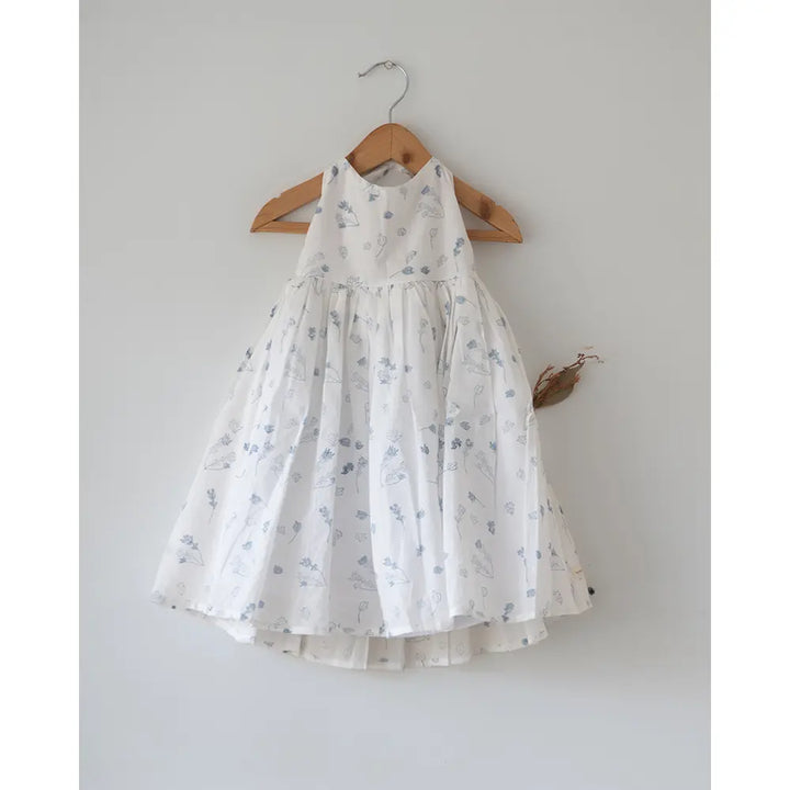 Love The World Today ‘Bloom’ White Floral Hand Block Print Halter Neck Girls Mal Dress - White