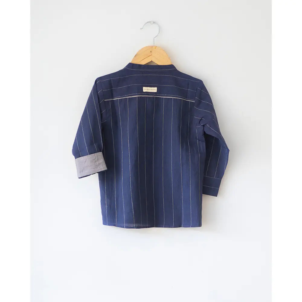 Love The World Today ‘Barefoot Boy’ Chinese Collar Blue Stripes Shirt In Handwoven Cotton - Blue