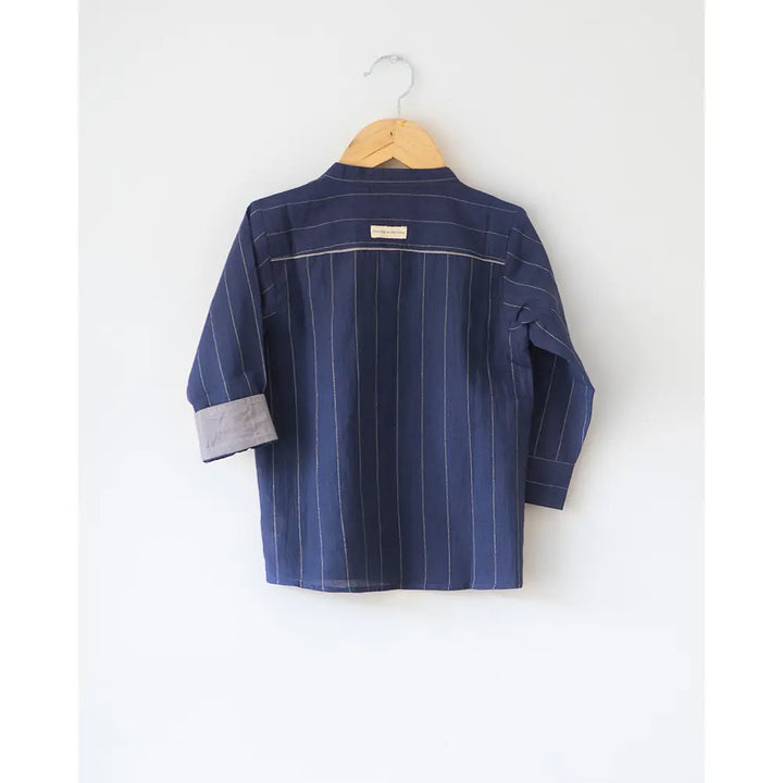 Love The World Today ‘Barefoot Boy’ Chinese Collar Blue Stripes Shirt In Handwoven Cotton - Blue