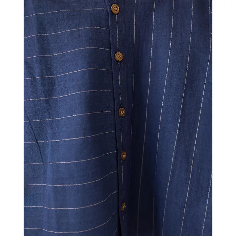 Love The World Today ‘Barefoot Boy’ Chinese Collar Blue Stripes Shirt In Handwoven Cotton - Blue