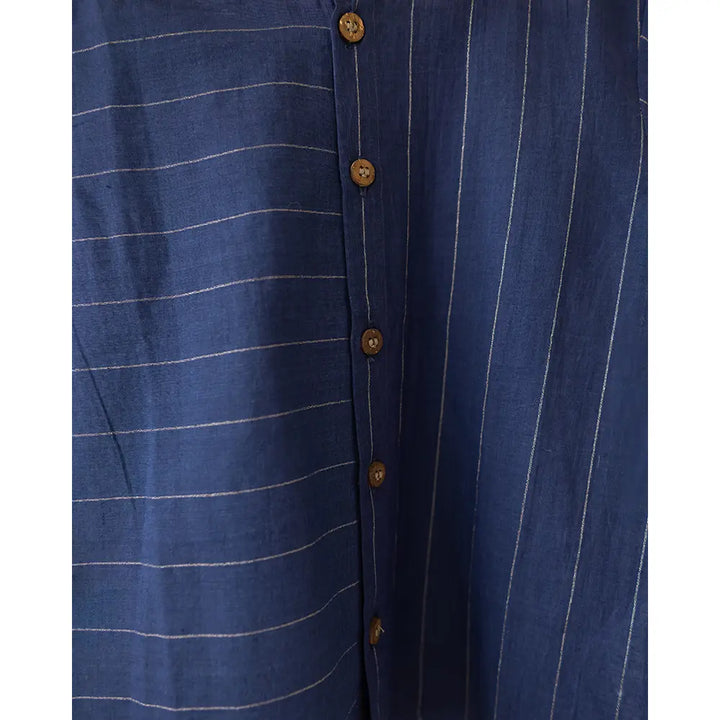 Love The World Today ‘Barefoot Boy’ Chinese Collar Blue Stripes Shirt In Handwoven Cotton - Blue